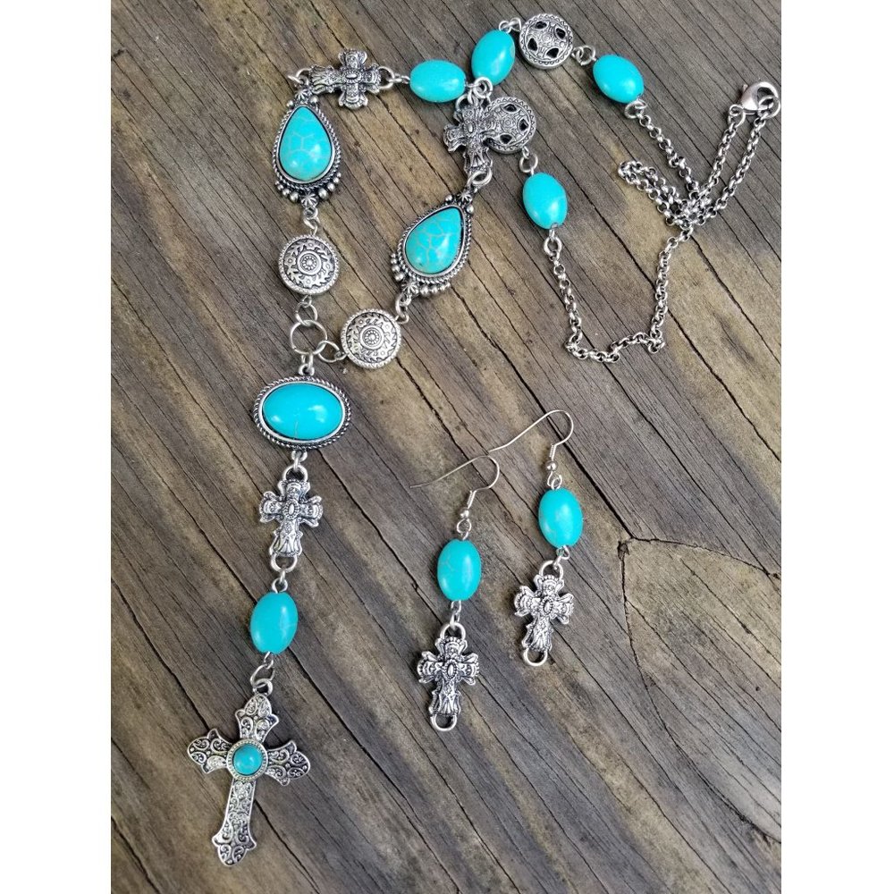 Artisan Hand Crafted Necklace Earrings Set Rosary Cross Turquoise Silver Beaded - Picture 5 of 7